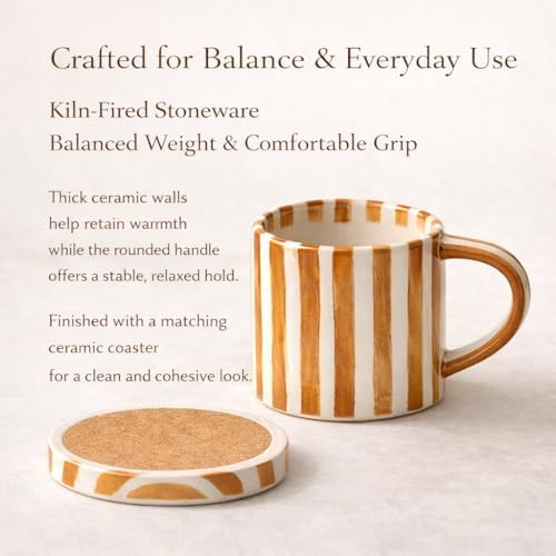 8oz Handmade Ceramic Espresso Mug with Coaster, Speckled Glaze Aesthetic Coffee Cup, Minimalist Striped Cappuccino Flat White Mug, Microwave Safe (orange) - Image 2