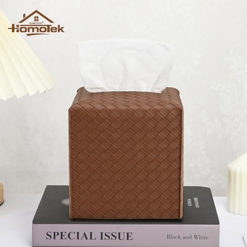 HOMOTEK 1 Pack Tissue Box Cover, Square PU Leather Tissue Holder, Decorative Facial Tissue Cube Paper Organizer Dispenser for Bathroom, Night Stands, Desk, Car 5X5X5'' - Woven Waffle,Chocolate - Image 5
