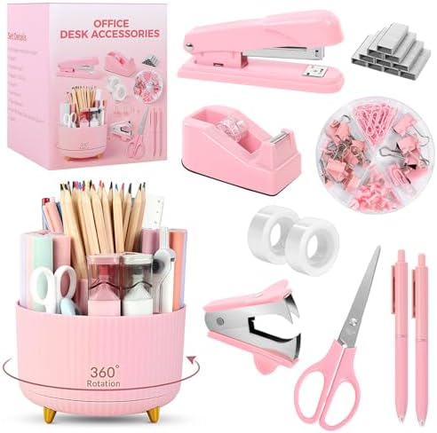 SKYDUE Pink Office Supplies Set, Pencil Holder for Desk,Gel Pen, Stapler, Tape Dispenser, Scissors,Clips and 1000pcs Staples, Office Decor for Women, Pink Desk Accessories by SKYDUE