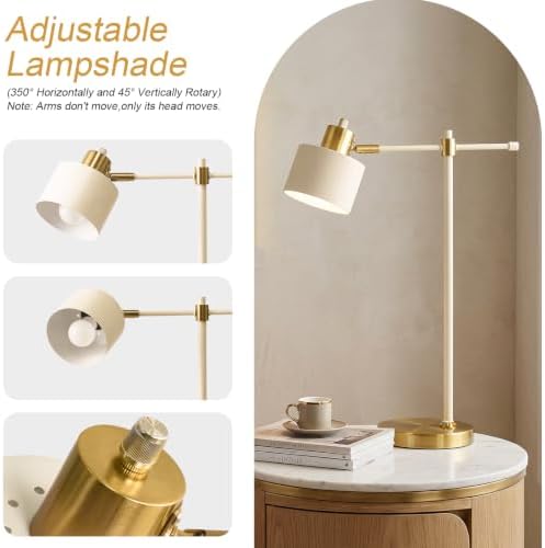 OYEARS 22.2" Modern Desk Lamp, Metal Table Lamp with LED Bulb, Adjustable Reading Lamps for Living Room, Mid Century Nightstand Lamp for Home Office, Industrial Bedside Lamps, Cream and Gold - Image 2
