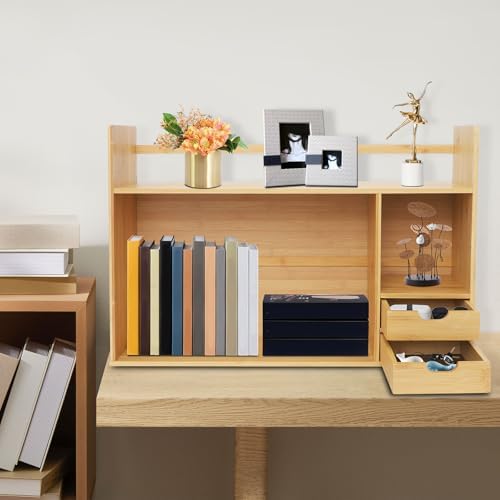 Bamboo Desktop Bookshelf with 2 Drawers, Small Bookcase for Students Study, Tow Shelves Office Desk Bookshelf Organizer, Books Paper Sorter Shelf on Desk - Image 4