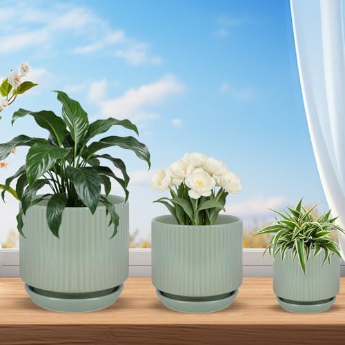Ceramic-5-inch-Flower-Pots-with-Saucer, Small Planters for Indoor Plants with Drainage Hole, White Textured Vertical Stripe Plant Pots for Home Decor, Garden Pot For Succulent Cactus Mint Basil Herb - Image 3