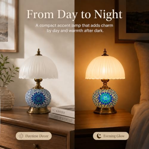 Boho Blue Mosaic Small Table Lamp with White Glass Shade - Image 3