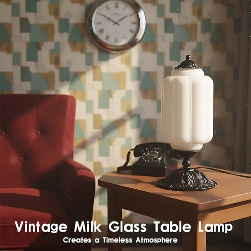Vintage Milk Glass Table Lamp,3-WayDimmable USB-C+A,Black Bedroom DeskLamps - Image 3