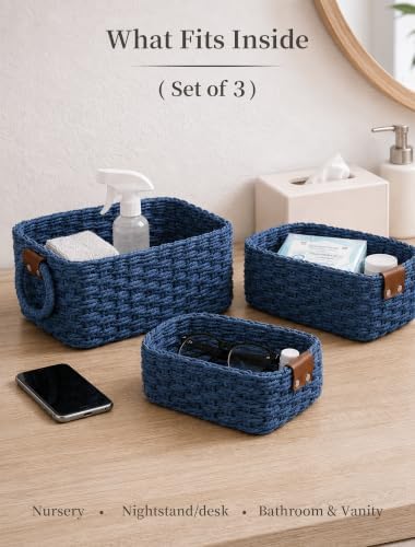 Small Wicker Baskets, 3 PCS Paper Rope Baskets for Shelves, Blue - Image 3