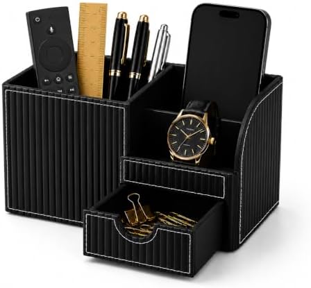 KINGFOM Executive Leather Desk Organizer with Drawer, Modern Black Desk Accessories for Men, Premium Office Desk Organizer with Pen Holder & Storage Compartments for Home Office by KingfomLeatherHomeOfficeDecor