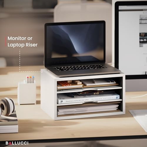 Ballucci File Organizer, 3-Tier Document Paper Sorter, Stackable Wood Desk Organizer, Mail Sorter and Monitor Stand with Storage Shelves, White - Image 4