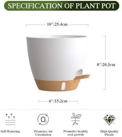 Self Watering Pots with Drainage Holes, 2 Pack 10 Inch Plant Pots with Water Level Indicator Deep Reservoir, Large Plastic Planter for Indoor Outdoor Plants - White - Image 2