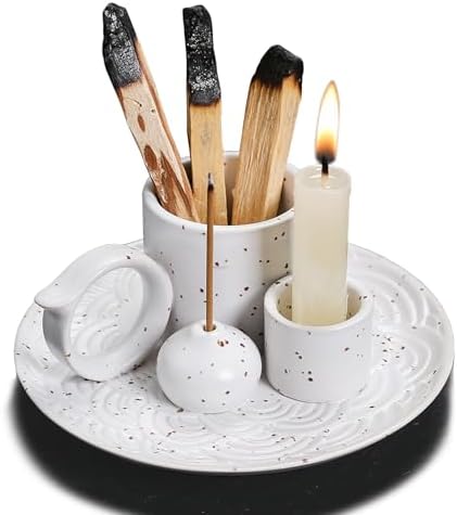 4 in 1 Ceramic Incense Burner Holder with Handle for Burning Sage, Palo Santo Stick, Joss Sticks, Candle in Your New House, Office, Yoga, Meditation Room (White) by YIENENG