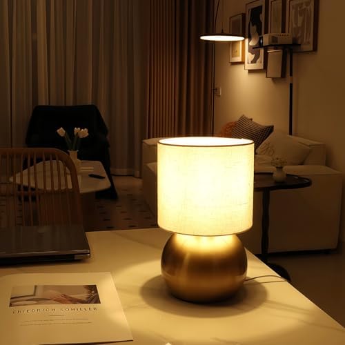 Modern Golden Small Table Lamp with Cotton Linen Shade, 6.2×6.2×10.4 inch LED Desk Light, One-Button Switch for Bedroom, Living Room, Nightstand, Includes Warm Light Bulb - Image 6