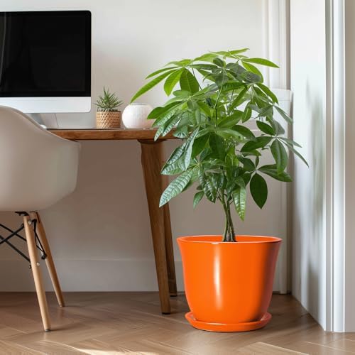 12 Inch Pots for Plants - Ceramic Planters Indoor with Drainage Hole and Saucer, Large Round Planter for Outdoor Plants, Decorative Flower Pot, Garden Decor, Plant Lover Gifts, Orange - Image 3