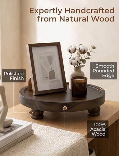 Demigo Acacia Wood Round Tray, 10 in Pedestal Riser Stand, Dark Brown - Image 4