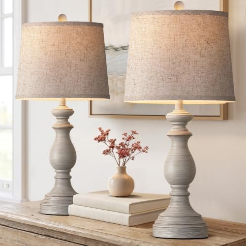 PARTPHONER Traditional Table Lamp Set of 2, Rustic Farmhouse Table Lamps for Living Room Bedroom, 27" Bedside Desk Lamps Vintage Nightstand Lamps with Linen Shades, Antique Grey - Image 2