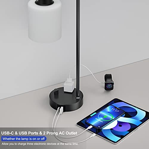 Industrial Bedroom Table Lamps for Bedside - White Opal Glass Shade Desk Lamps with USB C Port, Fully Dimmable Black Lamps with USB Port and Outlet, Reading Nightstand Lamp for Office Living Room - Image 3