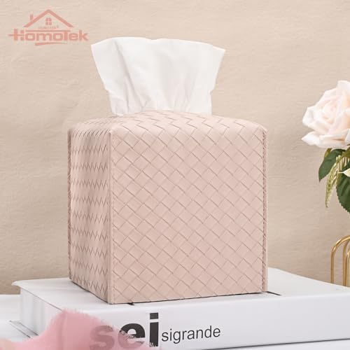 HOMOTEK 1 Pack Tissue Box Cover, Square PU Leather Tissue Holder, Decorative Facial Tissue Cube Paper Organizer Dispenser for Bathroom, Night Stands, Desk, Car 5X5X5'' - Woven Waffle,Macaron Pink - Image 3