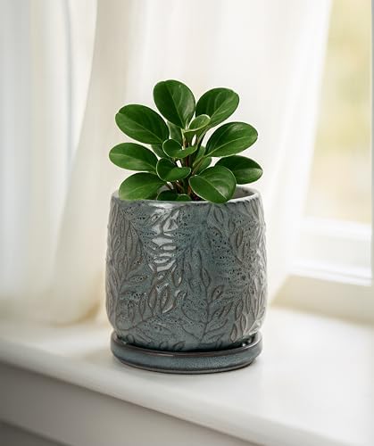 D'vine Dev Embossed Leaves Ceramic Planter, 4 in, Graphite Blue, 27-A-Z-9 - Image 7