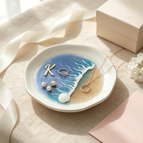 Small Jewelry Tray Ring Holder Dish – Ocean Resin Beach Earring Necklace Organizer, Ceramic Vanity Tray for Bathroom Sink, Nightstand, Entryway Key Bowl (K) by Unknown