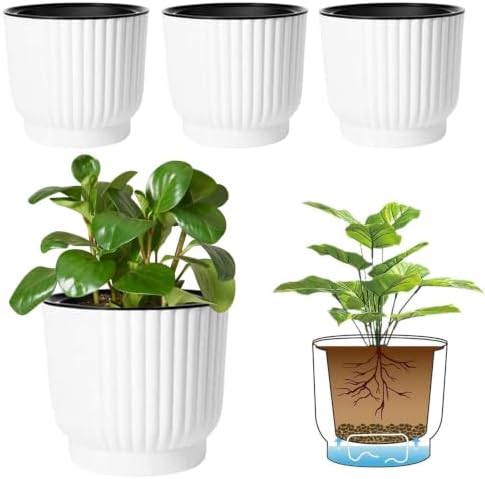 T4U Self Watering Pots for Indoor Plants, 7 Inch 4 Pack Planter White by T4U