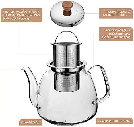 CNGLASS Glass Teapot with Infuser(37.5oz),Clear Tea Kettle with Removable Stainless Steel Strainer,Stovetop Safe Glass Teapot for Blooming and Loose Leaf Tea - Image 4