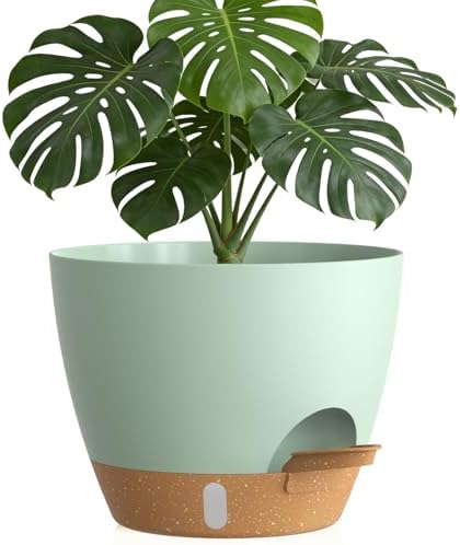 Plant Pots, 1 Pack 12 Inch Self Watering Pots with Drainage Holes, Water Level Indicator Deep Reservoir, Large Planters for Indoor Outdoor Plants - Green Brown by KUGAZ