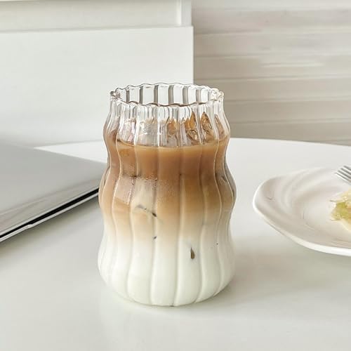 Vintage Ribbed Glassware Water Tumbler, 18 oz Aesthetic Ripple Glass Tumbler, Ripple Glassware Coffee Cup, Cute Glass Tumbler for Iced Coffee Juice Drink Milk (big stripes-Small Mouth) by Dxmimer