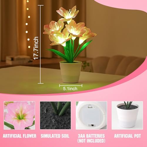 Artificial Pink Lily Flower Lamp, LED Light for Bedroom Bar Coffee Shop Wedding Decor, Gifts for Women Mom Daughter Grandma Girlfriend Coworker Friend Birthday Christmas Valentines Mothers Day - Image 3