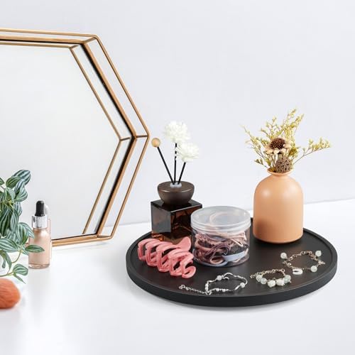 12 Inch Wood Round Tray, Wooden Decorative Bathroom Coffee Table Tray Centerpiece Candle Holder for Black Kitchen Dining Room Home Decor Coffee Table Decor and Accessories - Image 4