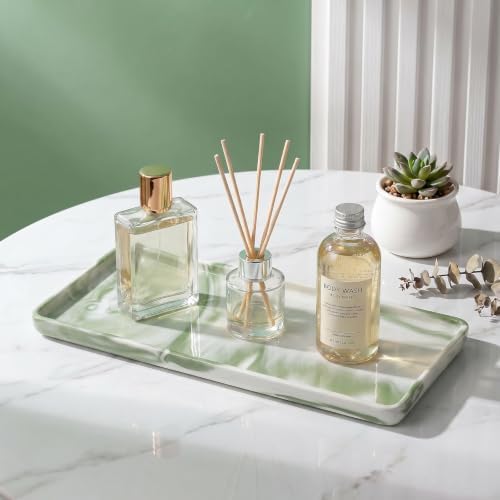 8″ x 3.7″ Inch Ceramic Vanity Tray, Decorative Rectangular Organizer for Bathroom Countertop, Dresser Top, Kitchen & Bathtub, for Soap, Perfume, Candle, Jewelry & Cosmetics (Marble-Green) - Image 2
