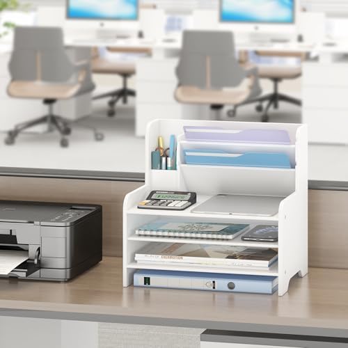 Bamboo File Organizer for Desk, Paper Tray with Pen Holder-White - Image 5