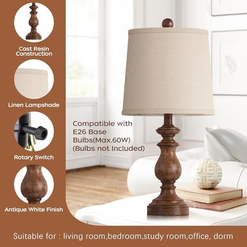 PARTPHONER Traditional Table Lamp Set of 2, Rustic Farmhouse Table Lamps for Living Room Bedroom, 22" Bedside Desk Lamps Vintage Nightstand Lamps with Linen Shades, Wood Grain - Image 4