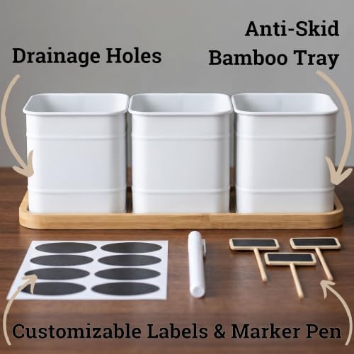 Herb Planter Indoor, 3-pc Herb Pots w/ Drainage Holes, Bamboo Tray & Labels - Image 2