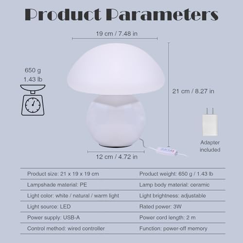 Cute Small Mushroom Lamp, PE Lampshade, Ceramic Base, Adjustable Light Color and Brightness with Power-Off Memory, Safe USB Powered, LED Mushroom Light for Bedroom Living Room (White) - Image 6