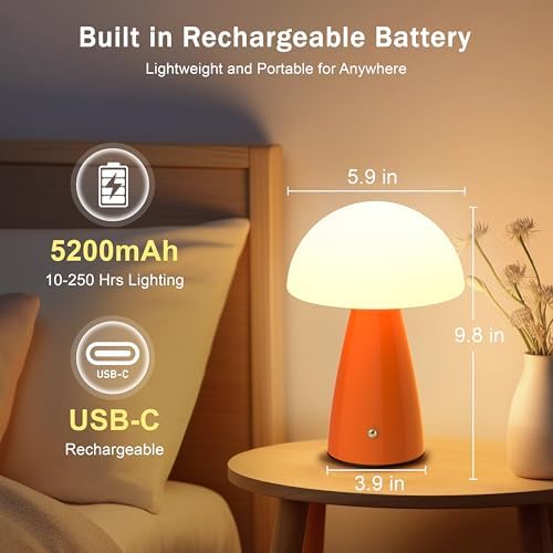 Mushroom Lamp Glass Rechargeable Battery Operated Mushroom Table Lamp Orange LED Vintage Modern Cordless Small Lamp Retro Dimmable Bedroom Nightstand Bedside Decor Aesthetic Home Birthday Gift - Image 6
