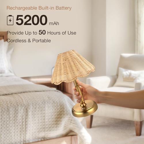 Mini Cordless Boho Rattan Table lamp, 5200-mAh Rechargeable Battery, 3-Level Brightness Dimmable, Build-in Integrated LED 320 Lumen Max, Rattan Shade, for Bedside Restaurant Dining Table - Image 6