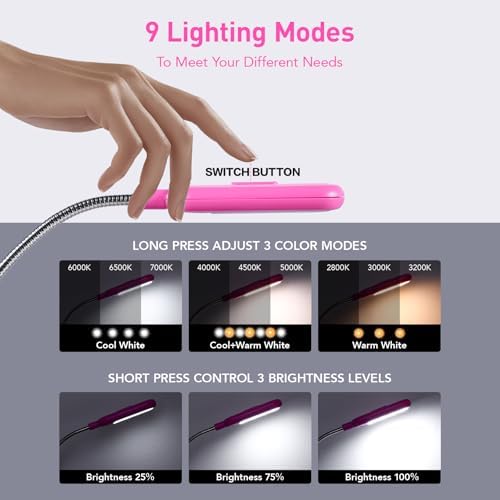 VAVOFO Rechargeable Book Light for Reading in Bed Kids, 7 LED Reading Light with 9-Level Warm Cool White Daylight, Eye Care Lamp with Power Indicator for Bookworms (Rose) - Image 3
