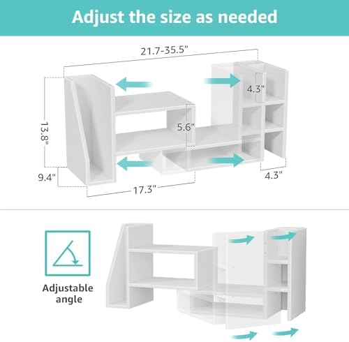 Desktop Shelf Desk Organizer File Holder - Dorm College Desk Bookshelf, Adjustable White Wood Shelving, Small Countertop Bookcase for Office Supplies, Student Study Desk & Home Organization Rack - Image 2