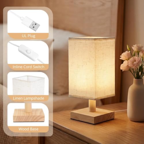Small Table Lamp Set of 2, Square Short Bedside Lamps 2700K Warm LED with Linen Shade & Wood Base, USB Nightstand Lamps for Bedroom Living Room - Image 5