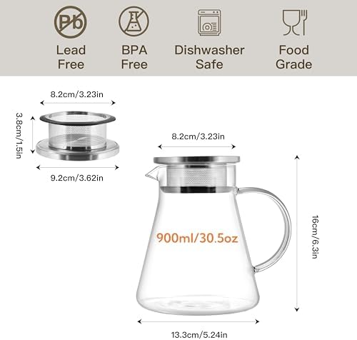 CNGLASS 30.5oz/900ml Glass Teapot Stovetop Safe,One-Touch Clear Tea Kettle,Blooming and Loose Leaf Tea Maker - Image 2