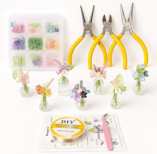 Mini Beaded Flower Bouquet Making Kit with Magnetic Vases - Refrigerator Magnet Craft Kit with 7 Color-Themed Floral Designs & Full Jewelry-Making Tools, Perfect for Home Decor & Stress Relief by BuzzBright