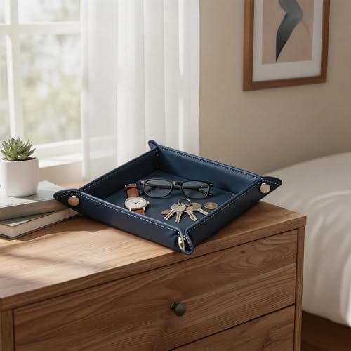 Valet Tray Desktop Storage Organizer – Vegan Leather Catchall Tray Bedside Vanity Tray Nightstand Caddy Holder for Remote Controller, Watch, Keys, Phone, Wallet, Coin, Jewelry, Navy - Image 6