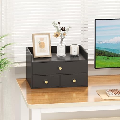 Bamboo Desk Organizer with Drawers,Wooden Desktop Storage (3 Drawers,Black) - Image 3
