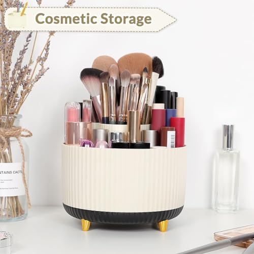 SKYDUE 360 Rotating Organizer, Dual-Purpose Pencil Pen Holder, 5-Slot Rotating Pencil Cup for Office, School, Home (Beige-Black) - Image 5