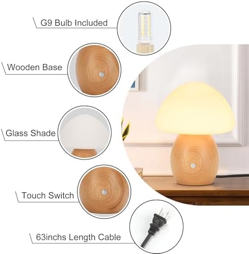 Mushroom Lamp with Touch Control Switch, Small Wooden Table Lamp with Glass Shade, 3 Way Dimmable Nightstand Lamp for Bedroom, G9 LED Bulb Included (Nature Wood&Opal White Glass Shade) - Image 6