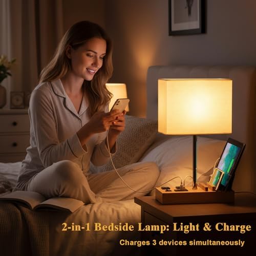 Briever USB Table Lamp, Multi-Functional Desk Lamp with 2 AC Outlets, Bedside Lamp with 3 USB Charging Ports and Wooden Phone Stands, Nightstand Lamp for Bedroom, Livingroom, Office, Natural Wood - Image 4