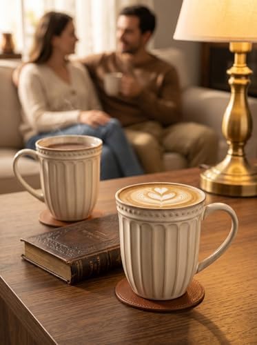 HASENSE Coffee MugsSet of 4, 16 Oz Embossed Vertic Fluted Ceramic Cups - Image 7
