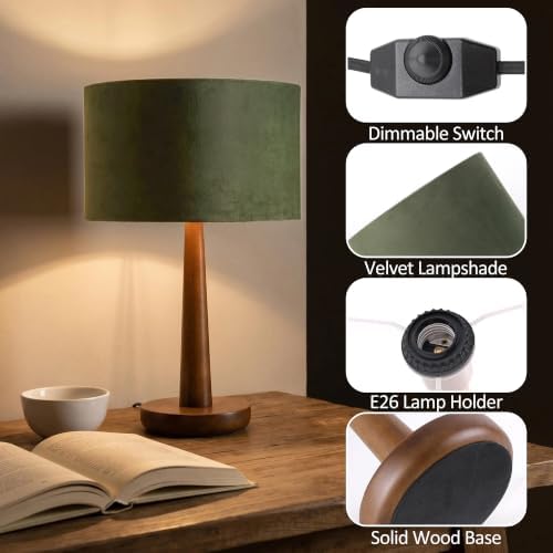 18.5" Modern Dimmable Walnut Wood Table Lamp with Velvet Shade, Green - Image 3