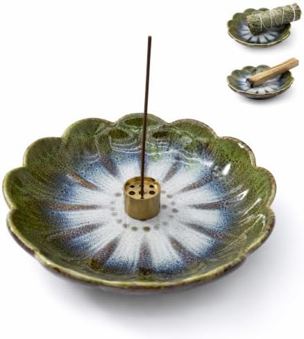 Pinehaven Ceramic Lotus Incense Holder – 5.5 Inch Hand-Sculpted Tray, Brass 9-Hole Insert for Sticks, Palo Santo, Sage & Cones – Japanese Zen Home Décor for Meditation (Green) by Unknown