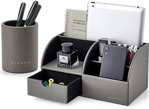 VLANDO Office Desk Organizer Leather Desktop Organizer Caddy with Drawer for Storing Desktop Supplies and Accessories (Grey Set) by VLANDO