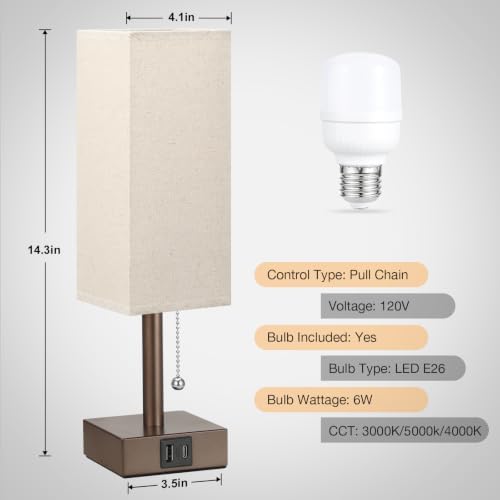 Brown Bedside Table Lamp for Bedroom - Desk Lamp For Nightstand, USB C+A - Image 4
