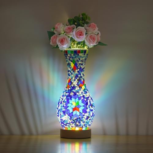 Mosaic Vase Lamp, Turkish Table Lamp with Wood Base, USB LED by JAITAIK